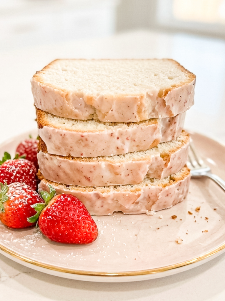 Four slices of pound cake stacked on a white plate with gold rim, each slice topped with pink strawberry glaze. Fresh strawberries sit beside the stack on the left.