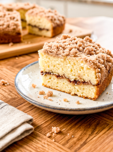 Slice of layered coffee cake on a ceramic plate showing moist yellow cake with cinnamon swirl filling and thick crumb topping, with whole cake and serving board visible in background on wooden table