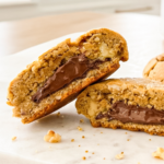 Two golden brown walnut cookies broken in half and stacked on white parchment paper, revealing thick creamy Nutella filling inside with visible walnut pieces throughout the cookie dough