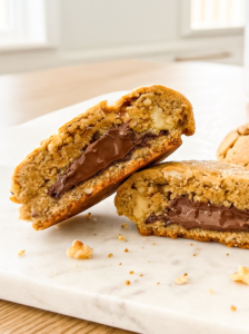 Two golden brown walnut cookies broken in half and stacked on white parchment paper, revealing thick creamy Nutella filling inside with visible walnut pieces throughout the cookie dough