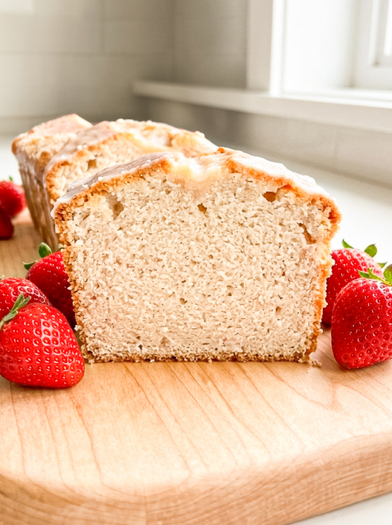 Sliced strawberry milk pound cake with pink-tinted crumb and white glaze dripping down the top, displayed on a wooden cutting board with fresh strawberries arranged around it in a bright kitchen setting.