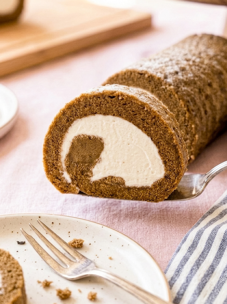 Hojicha cake roll with white cream filling on a spatula.