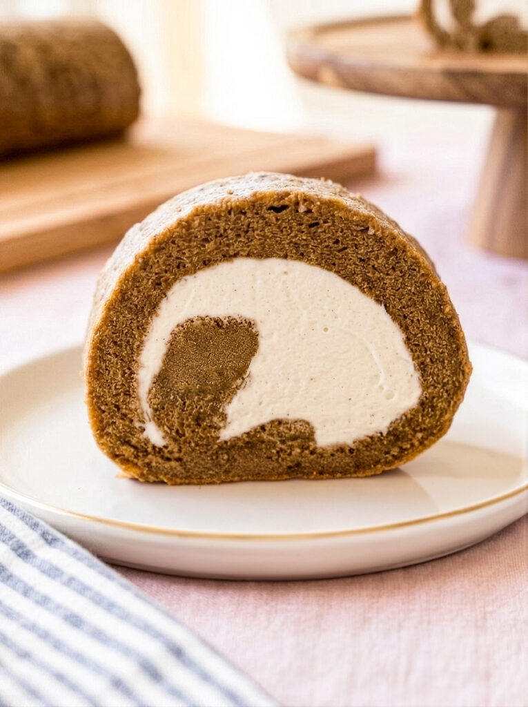 Hojicha cake roll slice with white cream filling on a plate.