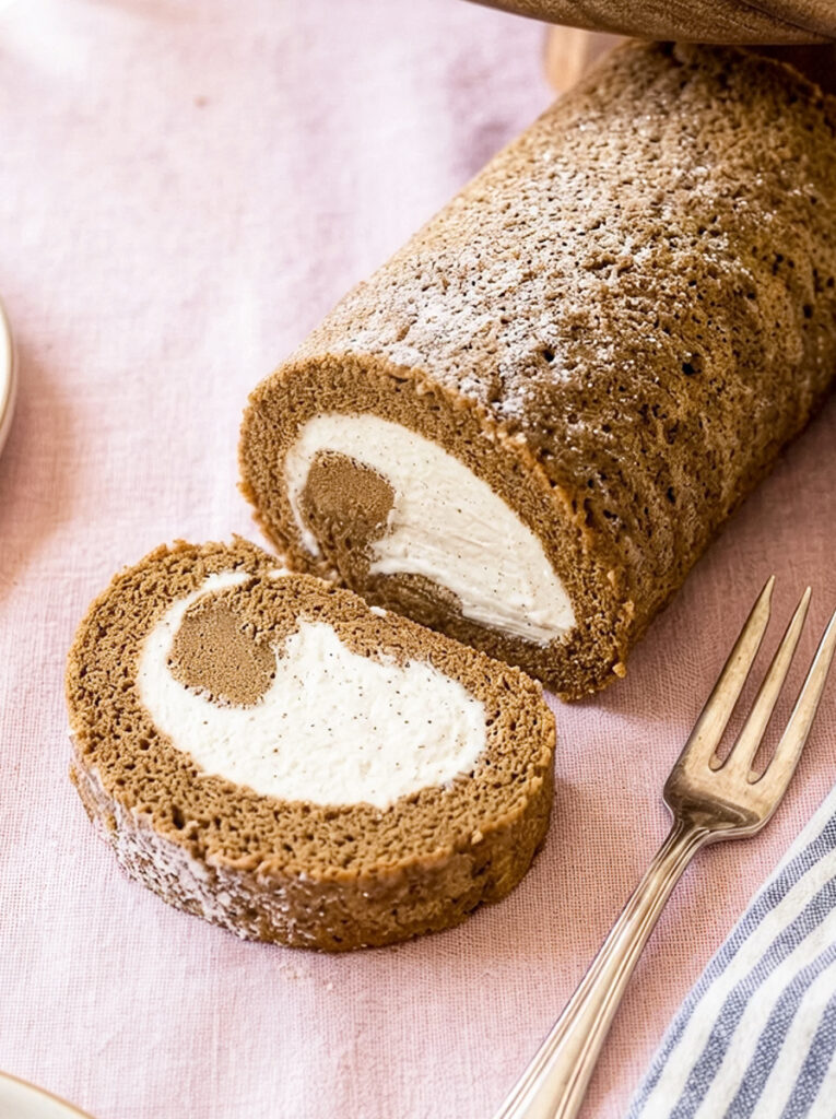 Hojicha cake roll with cream filling on a pink cloth.