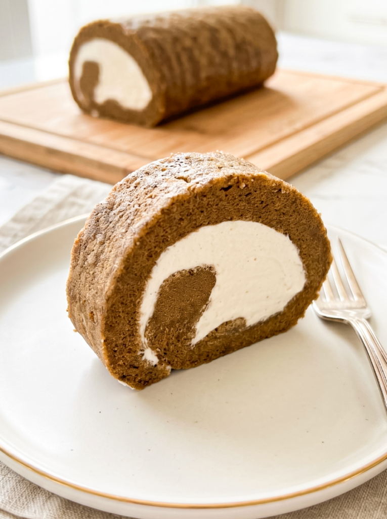 Slice of brown hojicha sponge cake rolled with white cream filling, plated on white dish with gold rim and fork. Full cake roll visible on wooden board in background.