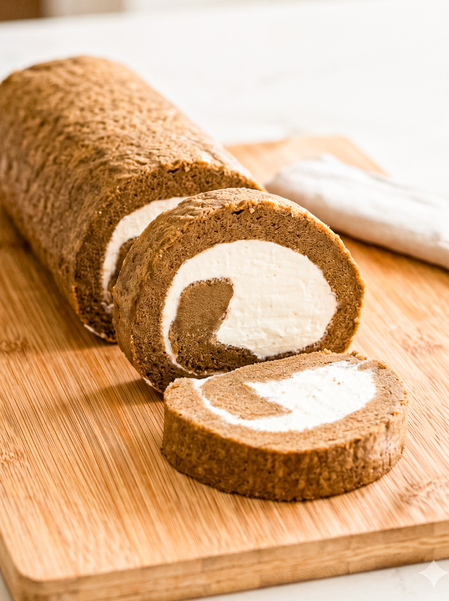 Sliced hojicha cake roll on a wooden cutting board showing golden-brown roasted tea sponge cake spiraled around creamy white filling, with a white kitchen towel in the background.
