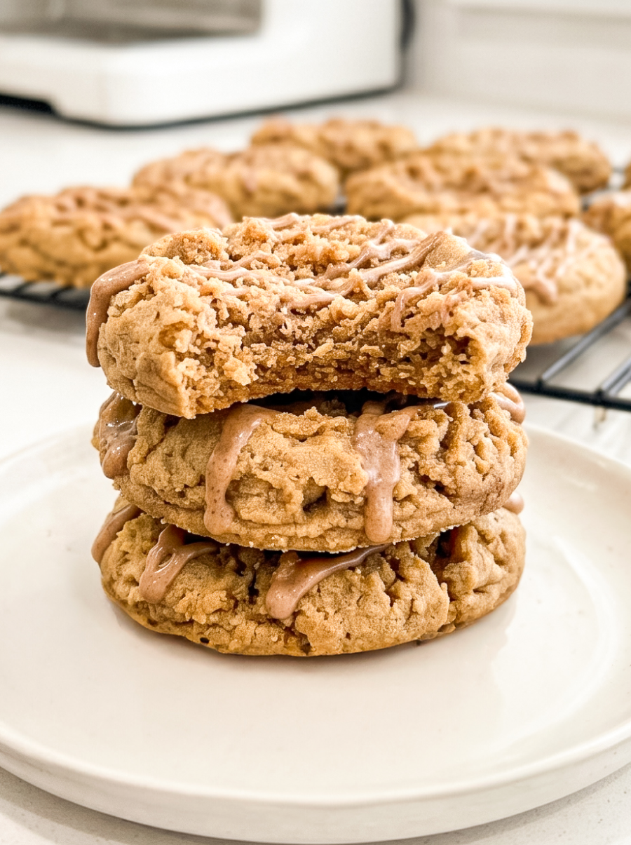 Stack of three thick coffee cake cookies on a white plate showing crumbly streusel topping and cinnamon drizzle, with a bite taken from the top cookie revealing soft interior. More cookies on a cooling rack in the background.