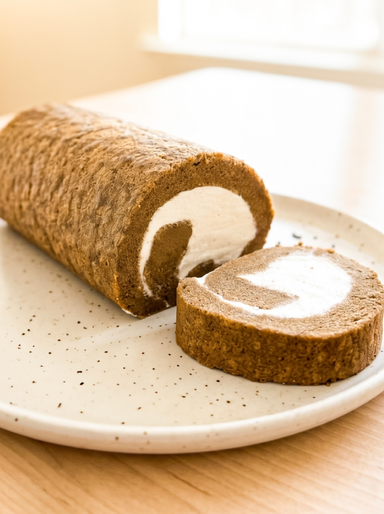 Golden-brown hojicha cake roll with white cream filling, displayed on a speckled beige ceramic plate with one slice cut to show the spiral pattern inside, photographed from a side angle on a wooden surface.