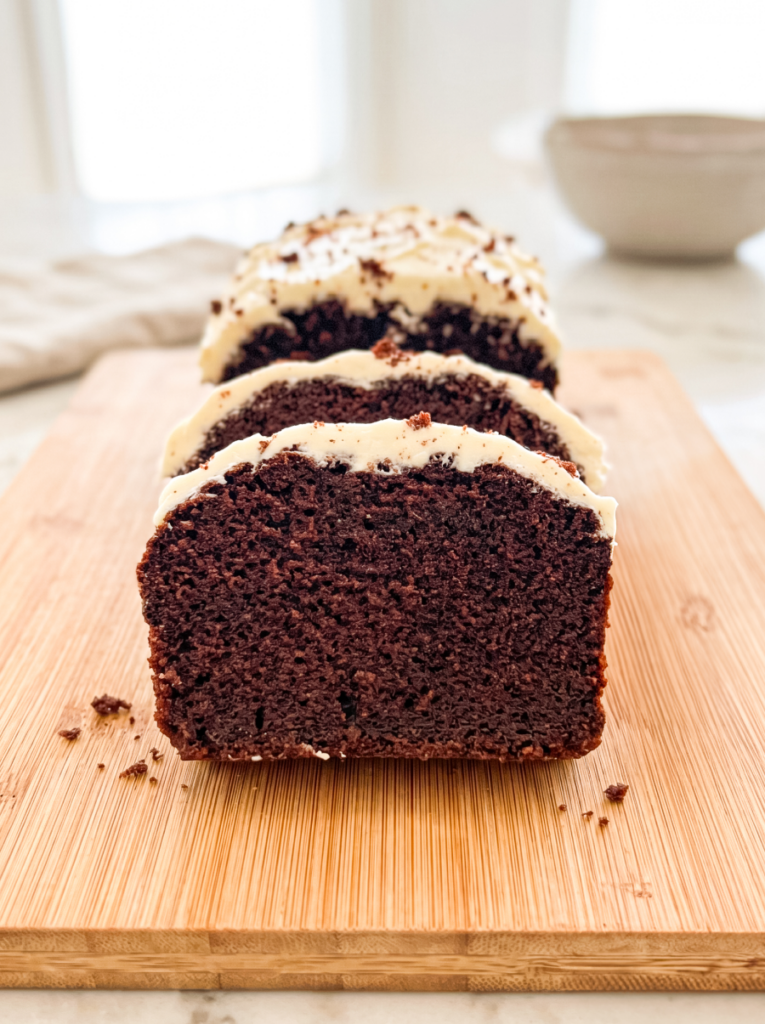 Sliced red velvet loaf cake with cream cheese frosting on a wooden cutting board, showing the moist deep red crumb texture. Three slices are visible with chocolate shavings sprinkled on top, alongside a white mug and linen napkin in the background.