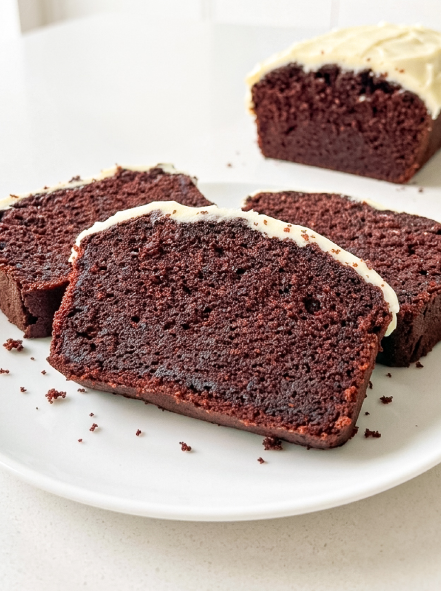 Sliced red velvet loaf cake with cream cheese frosting on a white plate, showing the moist reddish-brown crumb texture. Three slices arranged in foreground with the remaining loaf visible behind.