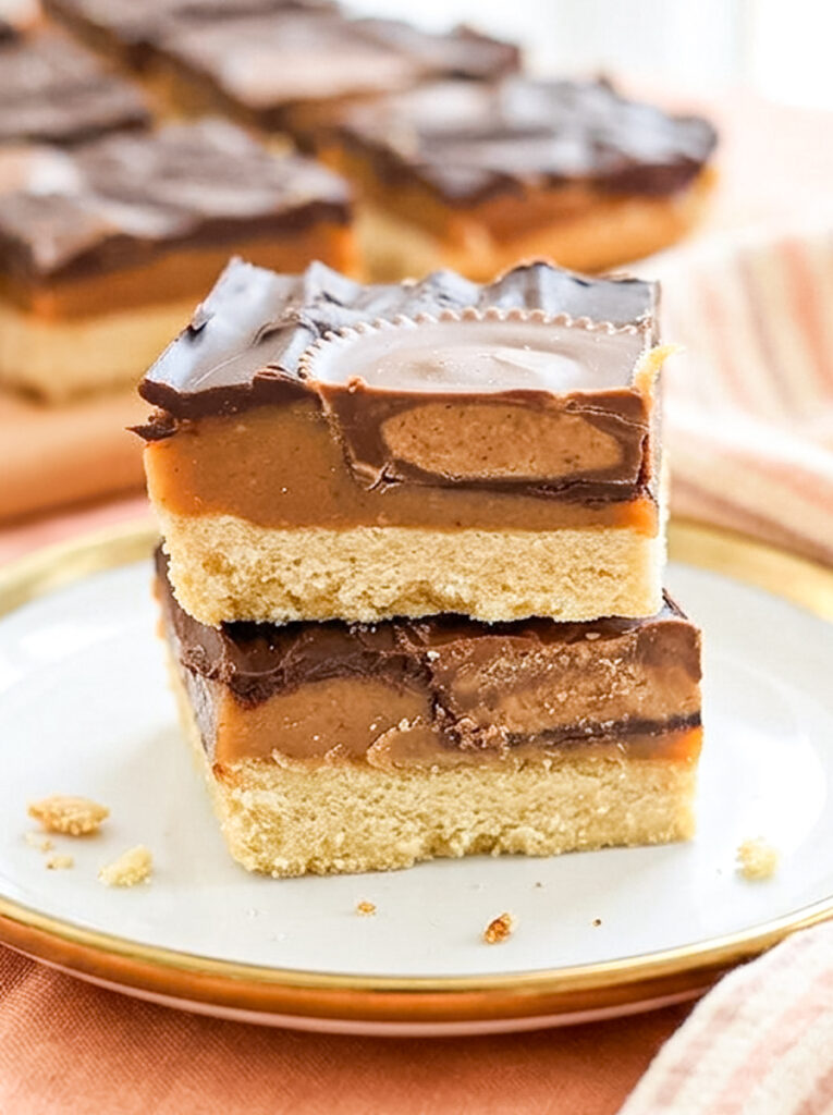 Two square bars with a shortbread crust, thick caramel layer containing peanut butter cups, and chocolate topping stacked on a white plate.