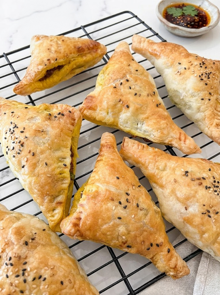 Golden, triangular Chinese curry beef puffs, some showing their yellow filling, are arranged on a black cooling rack with a dipping sauce.