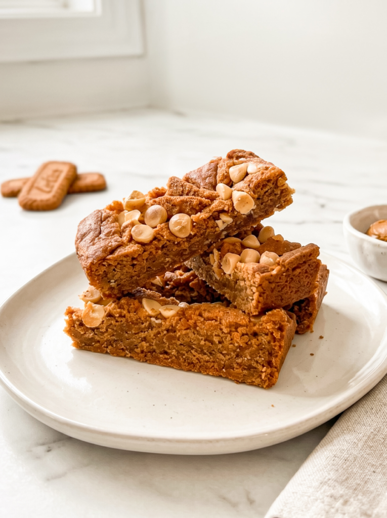 Golden brown biscoff cookie butter bars, topped with white chips, stacked on a white plate with biscoff cookies in the background.