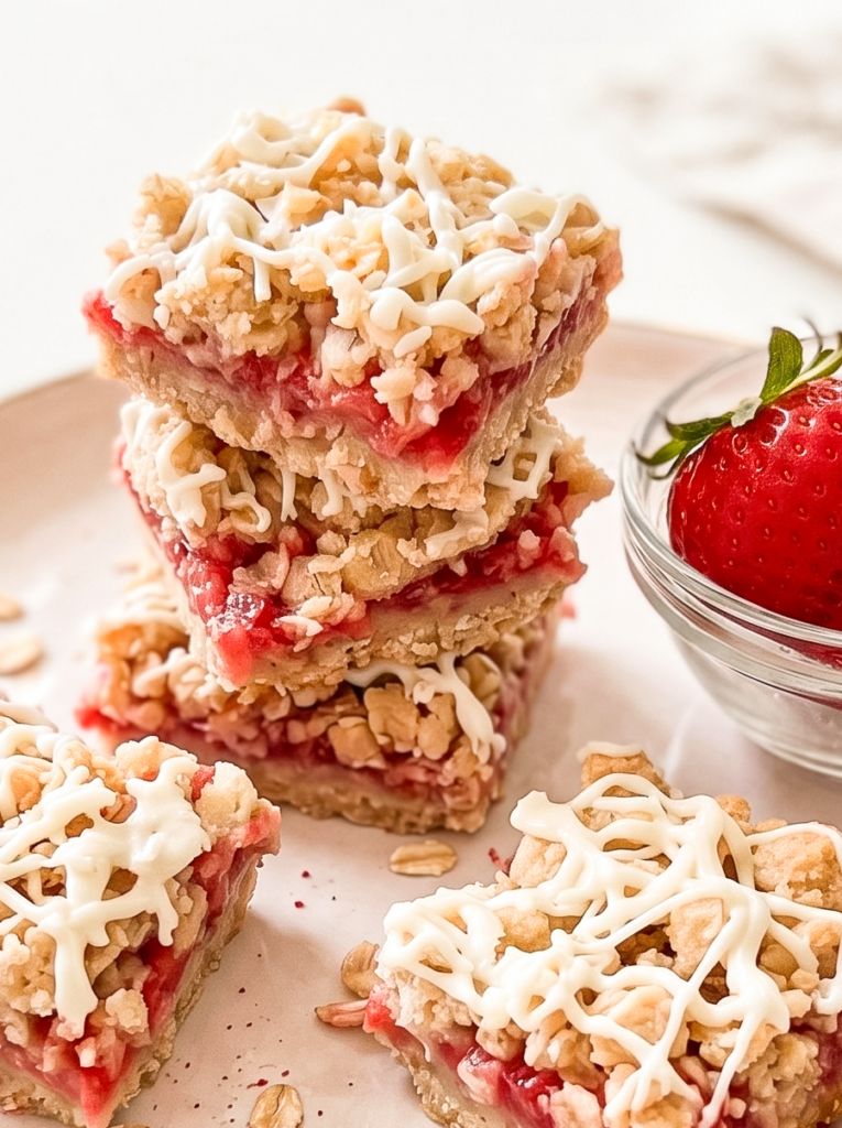 A stack of three strawberry oat bars with white icing drizzle, surrounded by more bars, a fresh strawberry, and loose oats.