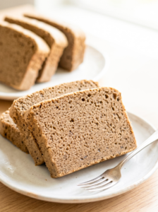 Three slices of hojicha castella cake with a delicate brown crumb are stacked on a white plate with a fork, with more slices in the background.
