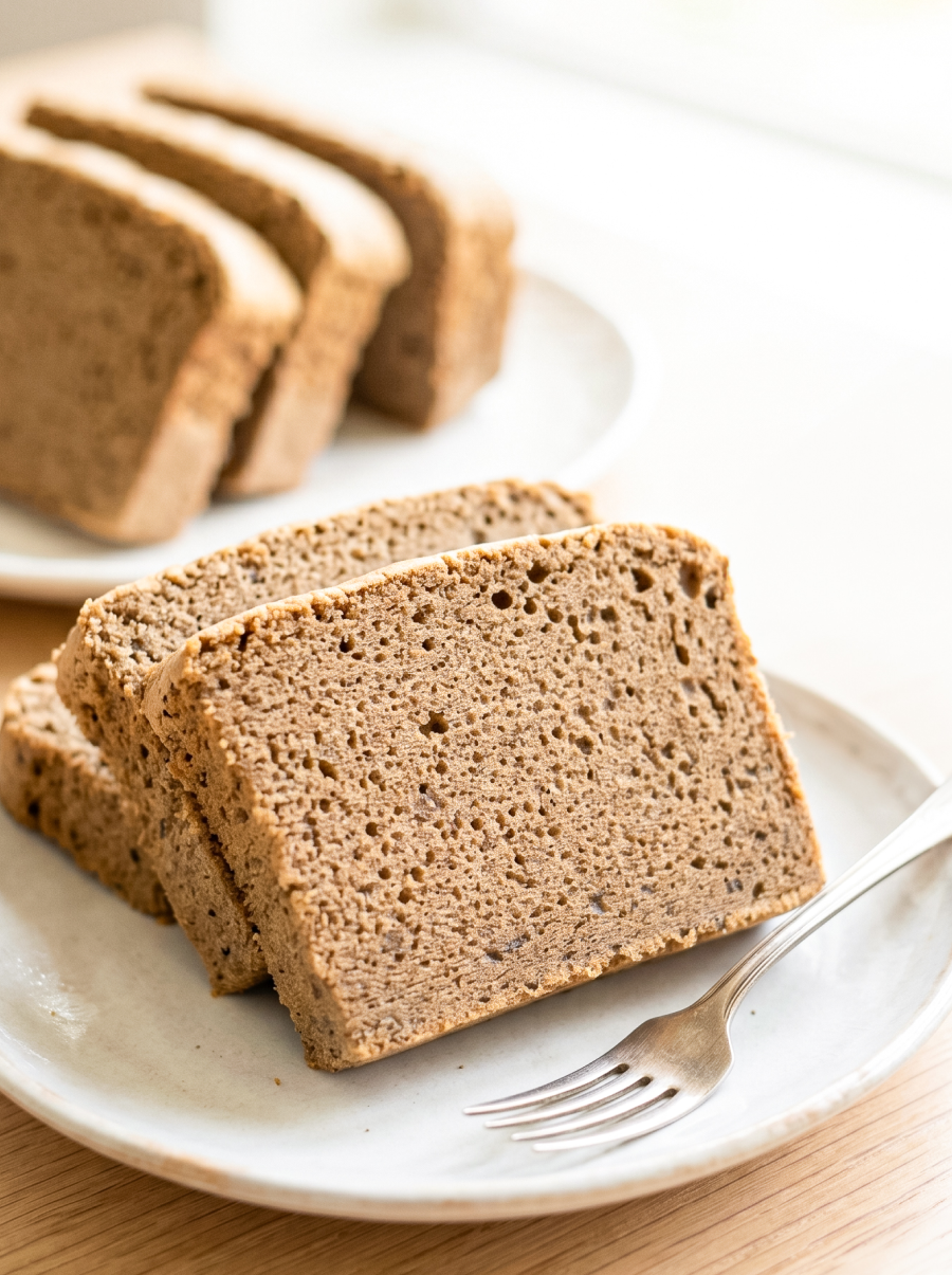 Three slices of hojicha castella cake with a delicate brown crumb are stacked on a white plate with a fork, with more slices in the background.