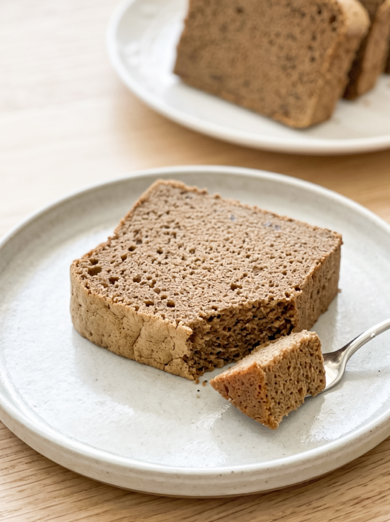 A slice of hojicha castella cake with a piece on a fork, showing its soft, porous texture, on a light plate with another slice in the background.
