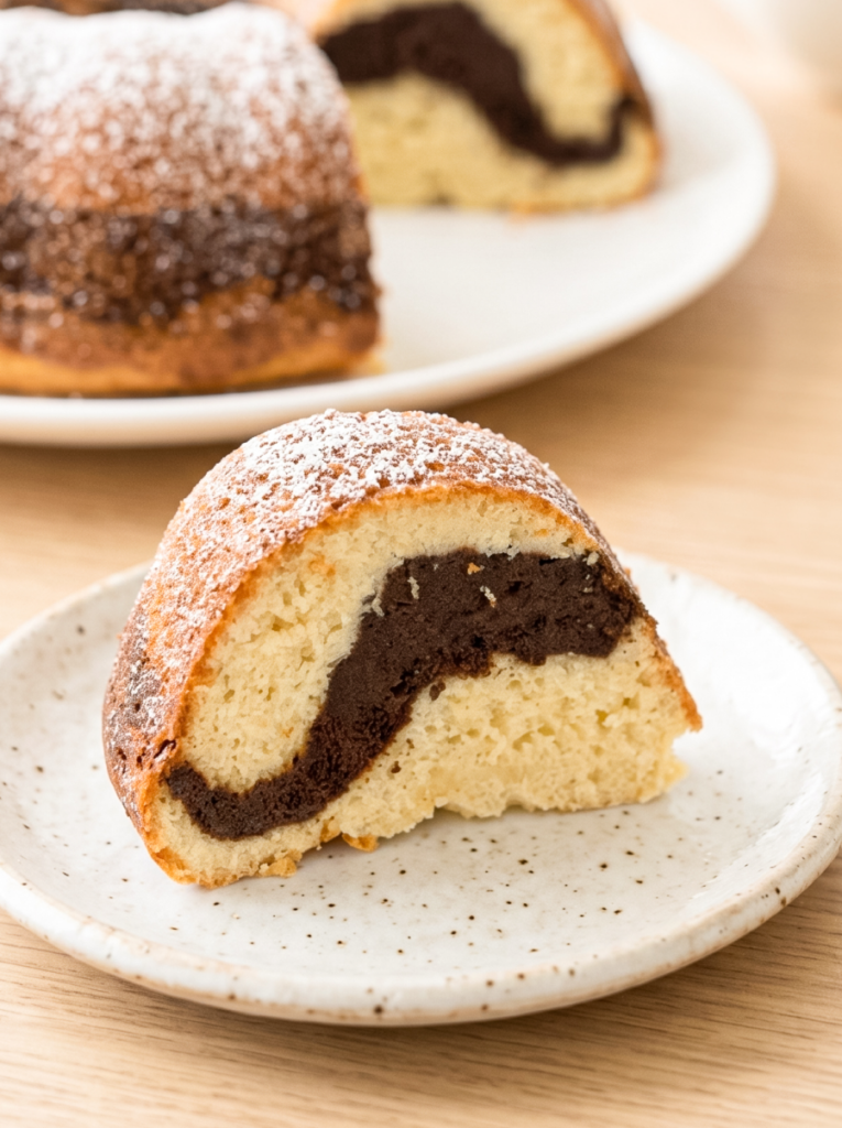 A slice of bundt cake with a chocolate swirl and powdered sugar on top sits on a speckled plate, with more cake in the background.