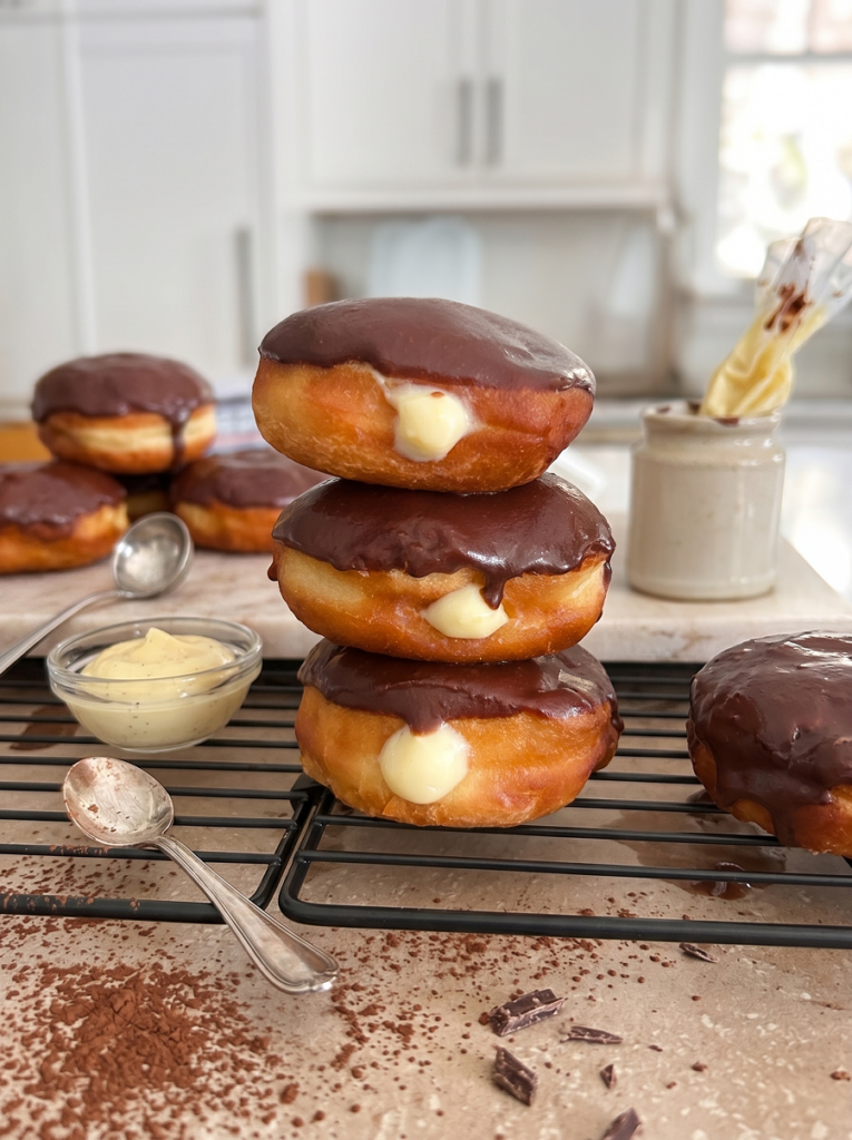 A stack of three Boston cream donuts with visible cream filling sits on a cooling rack, surrounded by more donuts, custard, and chocolate in a kitchen.