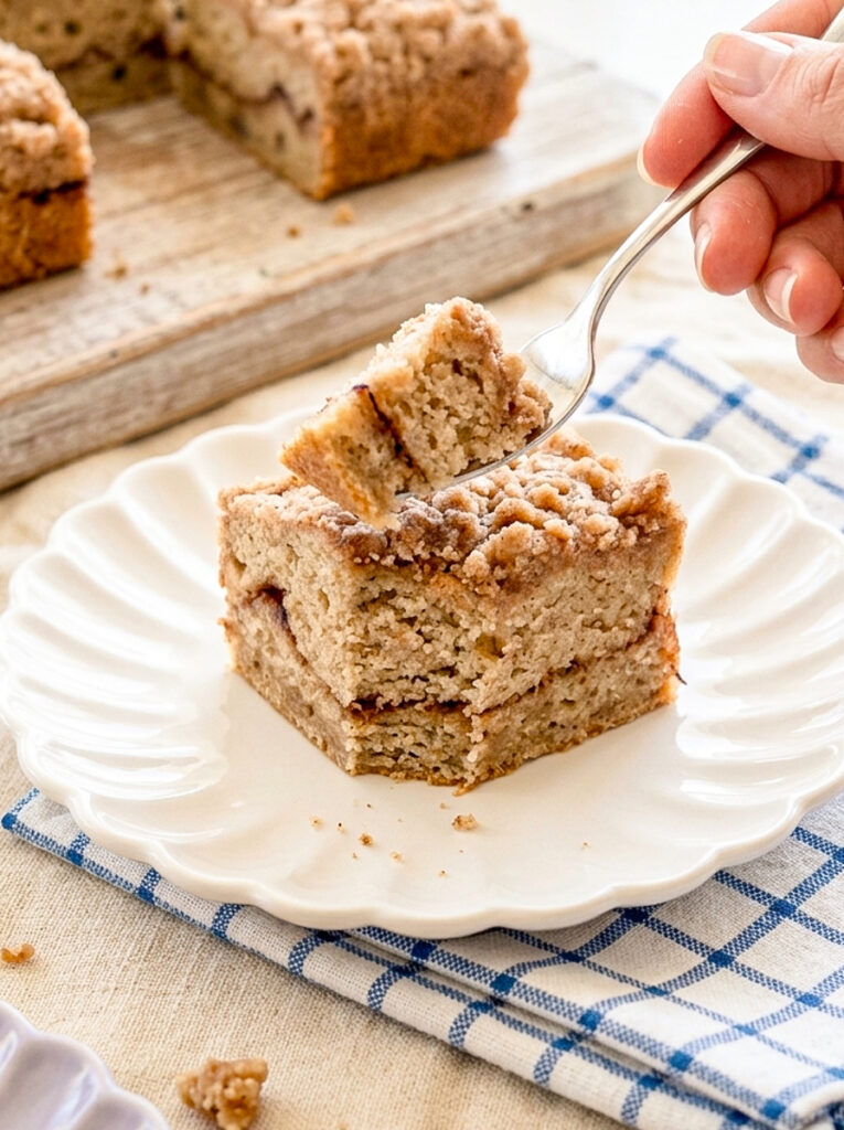 A square slice of banana coffee cake topped with a crumbly cinnamon streusel sits on a white plate with a fork lifting a piece.