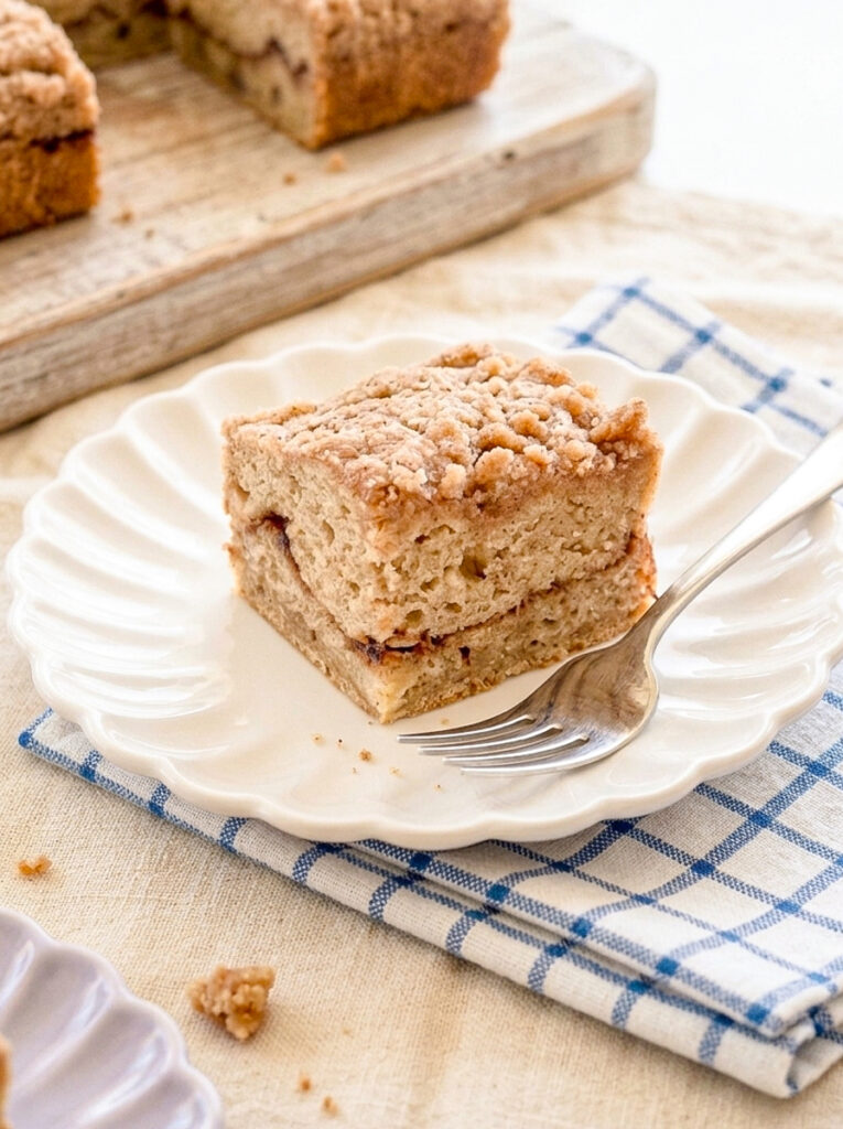 A square slice of banana coffee cake with a cinnamon crumb topping sits on a white scalloped plate next to a silver fork.
