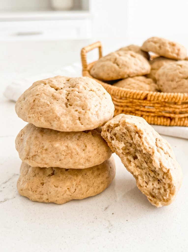 A stack of three soft banana cookies with one broken in half, next to a basket of more cookies on a white counter.