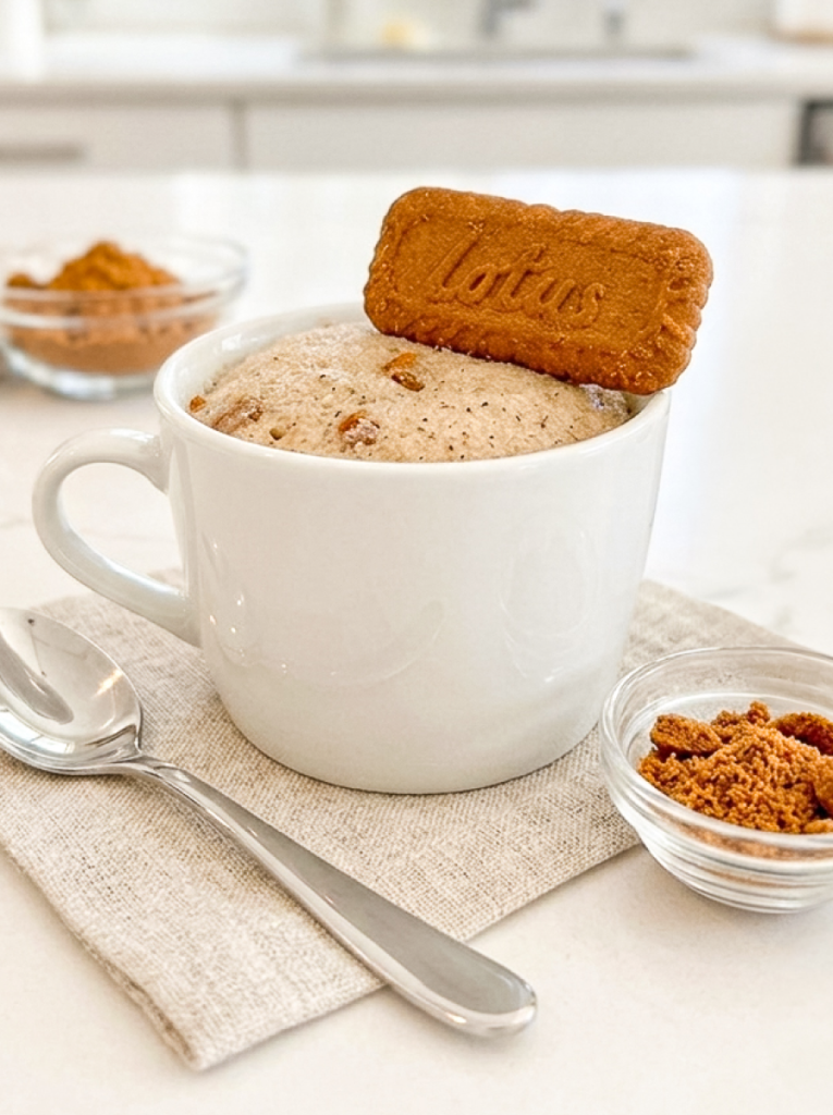 A white mug cake topped with a Biscoff cookie sits on a linen napkin next to a spoon and a bowl of crushed cookies.