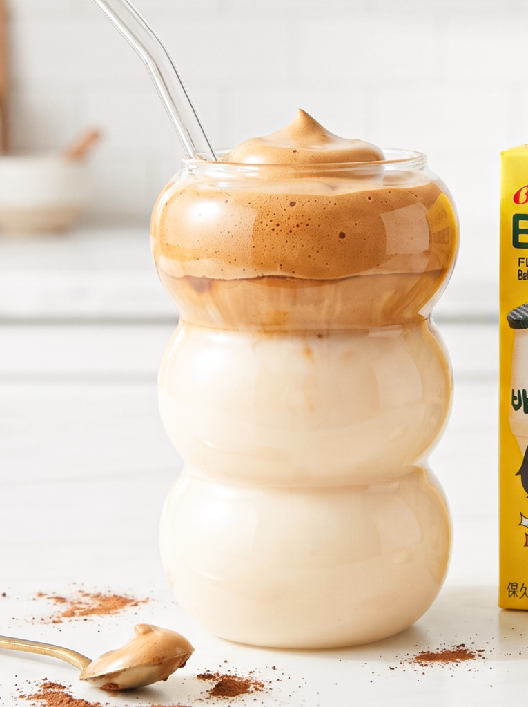 A layered banana milk dalgona drink with whipped coffee foam and a straw sits on a white surface with a spoon and cocoa powder.