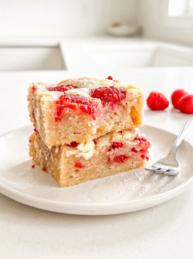 Two raspberry white chocolate blondies are stacked on a white plate with a fork and fresh raspberries in the bright kitchen background.
