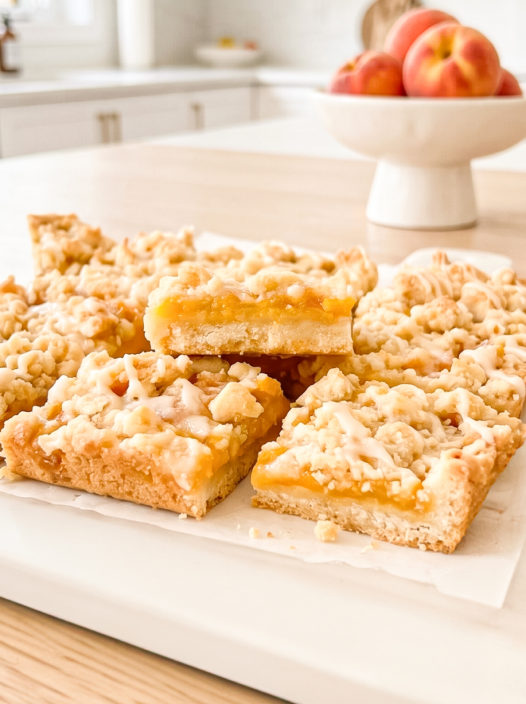 Several peach crumble bars with a golden peach filling, crumbly topping, and a light glaze, arranged on a white board with fresh peaches in the background.