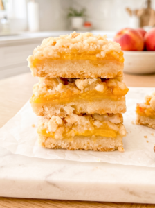 Three peach crumble bars with golden peach filling and crumbly topping are stacked on parchment paper, with fresh peaches blurred in the background.