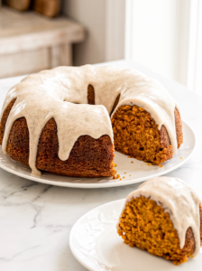 A pumpkin maple bundt cake with a slice cut out, both pieces glazed, resting on white plates on a marble countertop.