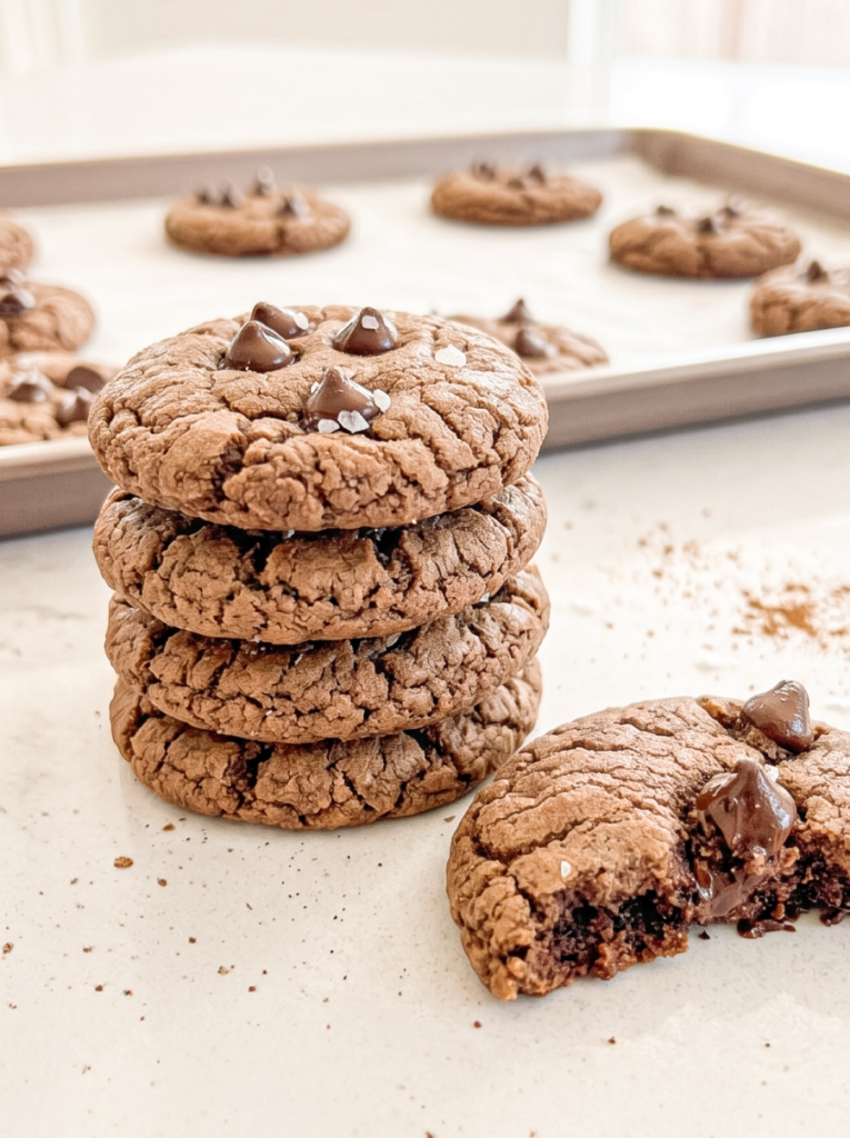 A stack of four dark brown cookies with chocolate chips and flaky salt on a light counter, with a bitten cookie and a baking sheet in the background.
