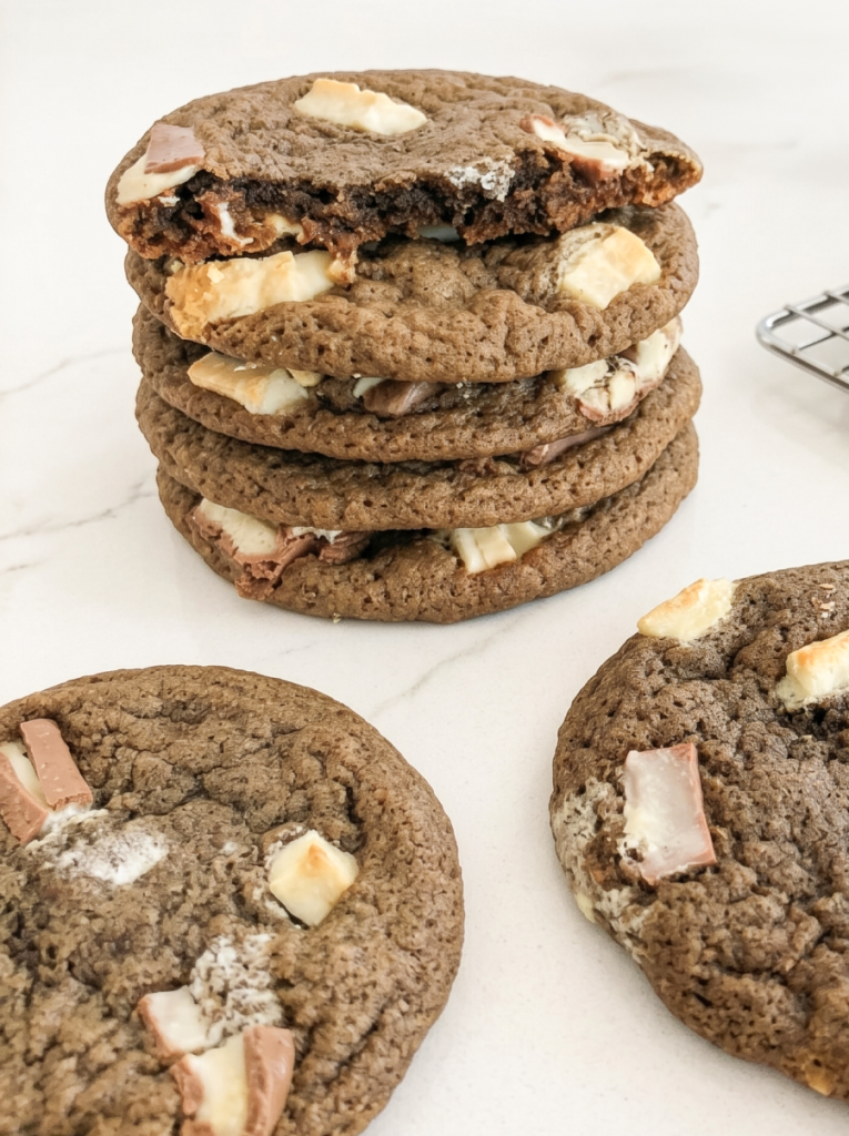 A stack of four dark brown cookies with white and light brown chunks, the top one broken to show its centre.