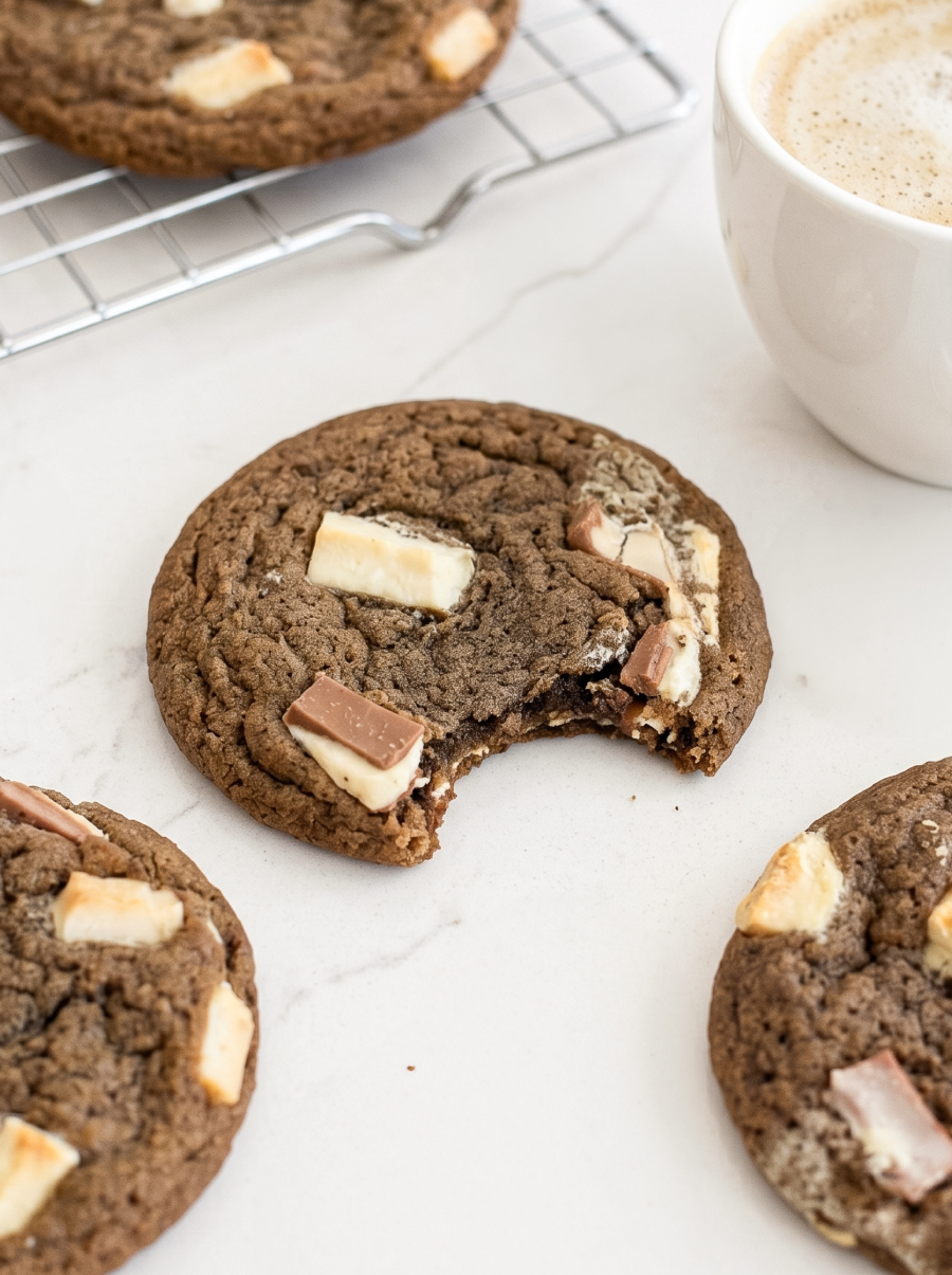 A brown hojicha latte cookie with white and milk chocolate chunks has a bite taken out, with other cookies and a latte.