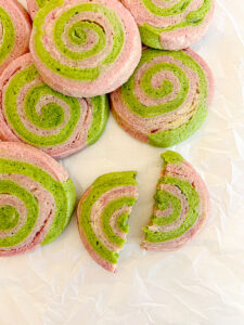 strawberry matcha pinwheel cookies