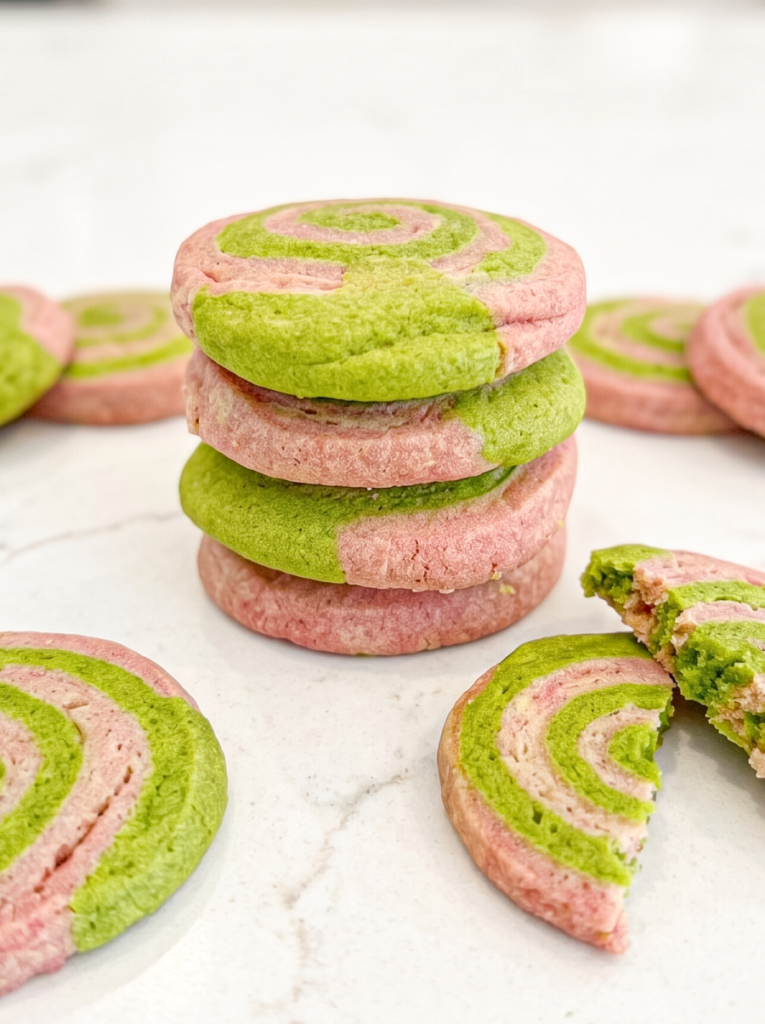 A stack of four strawberry and matcha pinwheel cookies with a broken cookie showing the swirl on a marble surface.