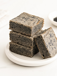 Four square black sesame blondies are stacked on a white plate, with one leaning against the stack. Black sesame seeds are in a small bowl behind them.