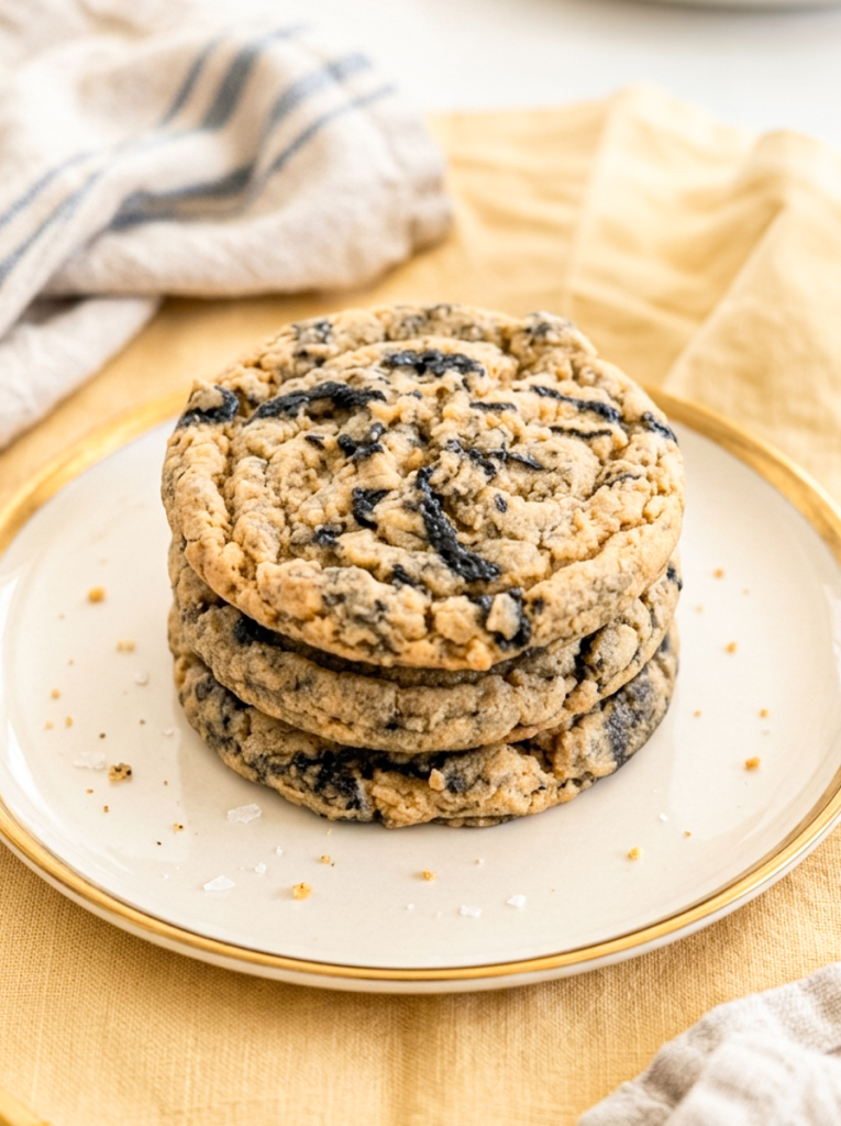 Black sesame peanut butter cookies stacked on a white plate.