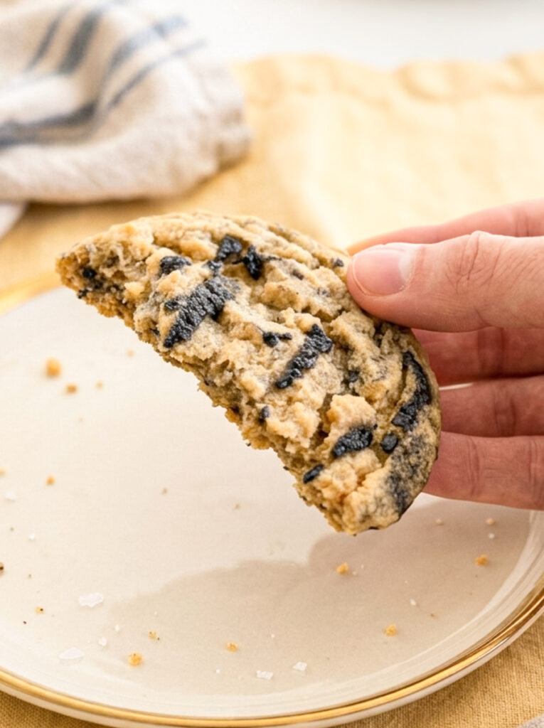 A hand holds a partially eaten peanut butter cookie with black sesame seeds over a plate.