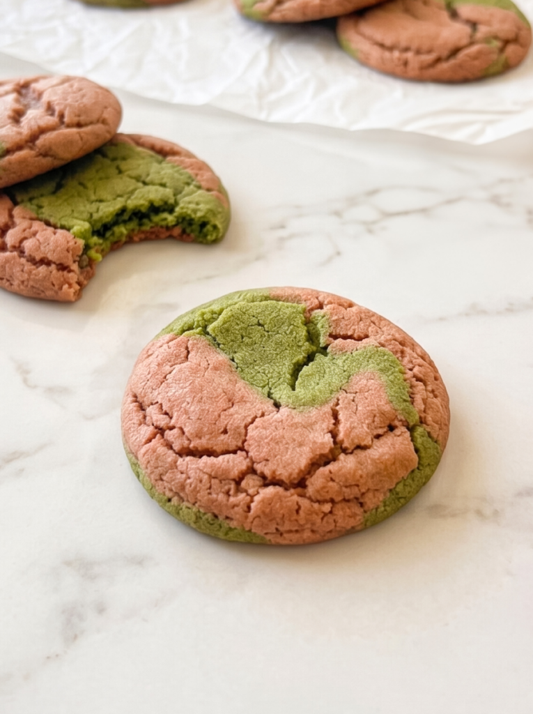 I see a strawberry and matcha marble cookie with pink and green swirls on a white marble surface, with a bitten cookie in the background.