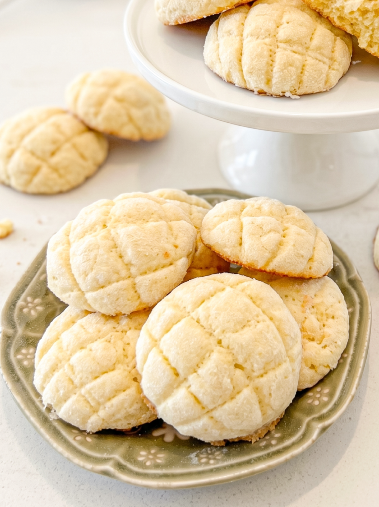 Round, pale melon pan cookies with a gridded top texture piled on a green plate and a white cake stand.