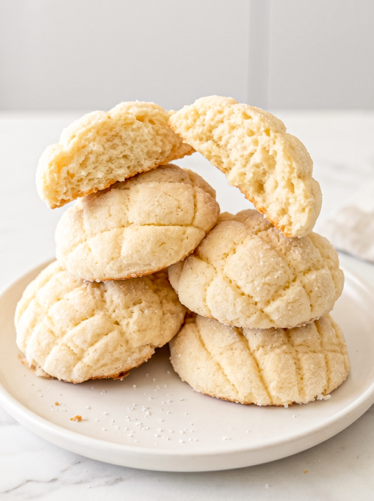 A stack of five sugar-dusted melon pan cookies sits on a white plate, one cookie broken open to reveal its airy interior.