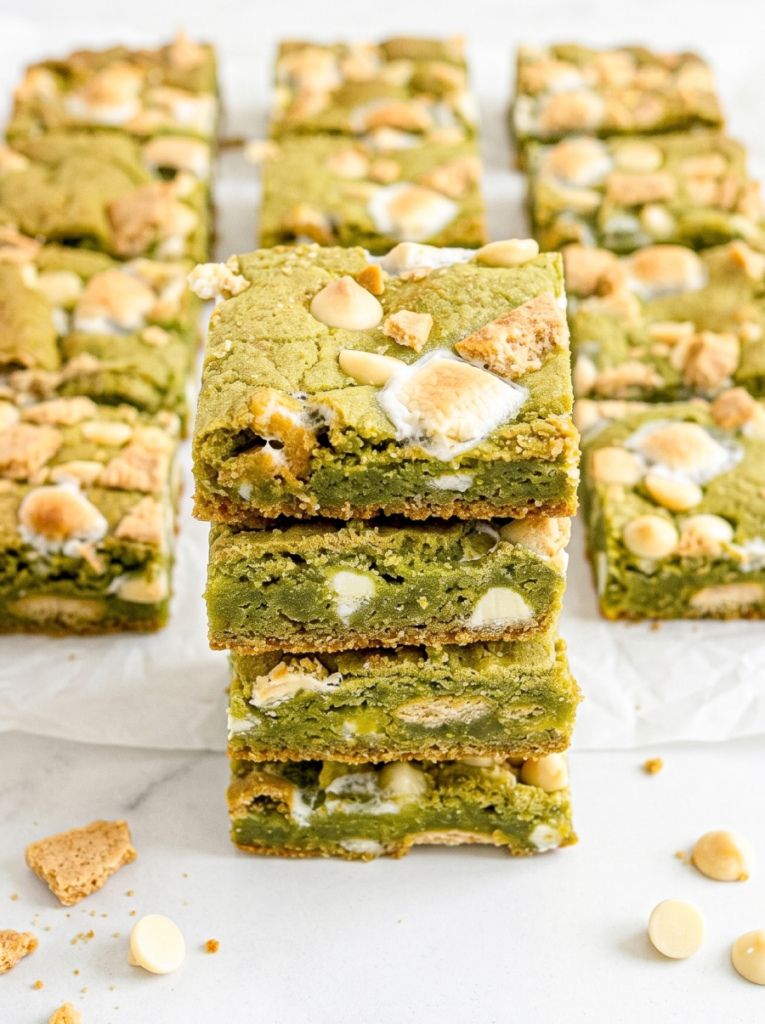 A stack of three green matcha s'mores bars shows white chocolate chips, toasted marshmallows, and graham cracker pieces with more bars behind.