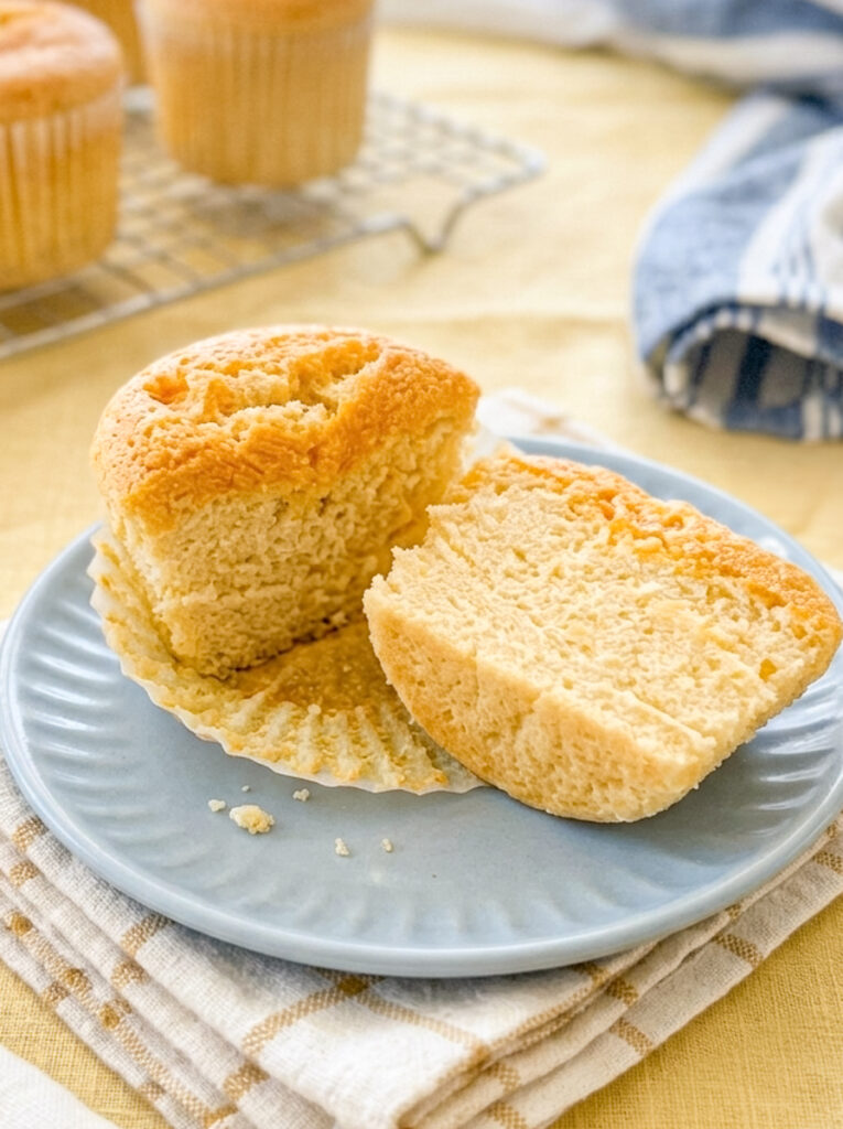 A golden castella muffin cut in half on a blue plate, showing the spongy interior texture.