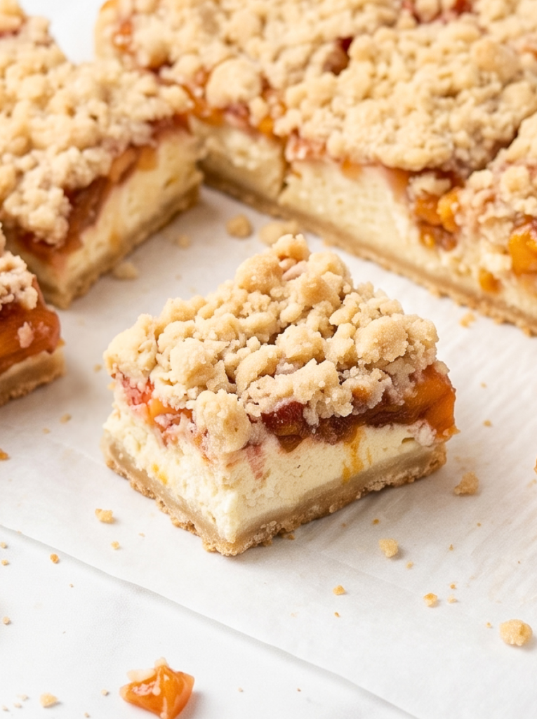 A square peach cheesecake bar with a crumb topping sits on white parchment paper, with other bars in the background.