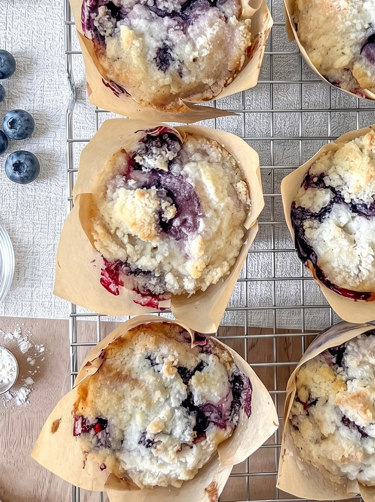 Freshly baked blueberry muffins with streusel topping in tulip liners sit on a cooling rack with loose blueberries and a spoon.