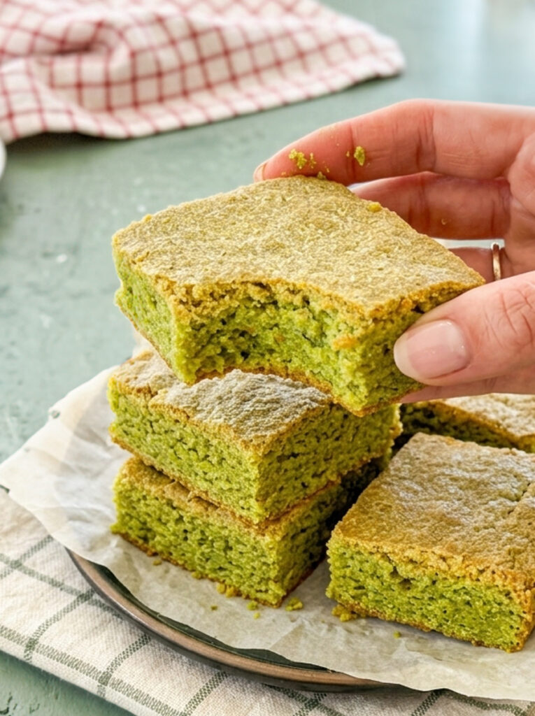 A hand holds a green matcha blondie with a bite taken out of it above a stack of blondies on a plate.