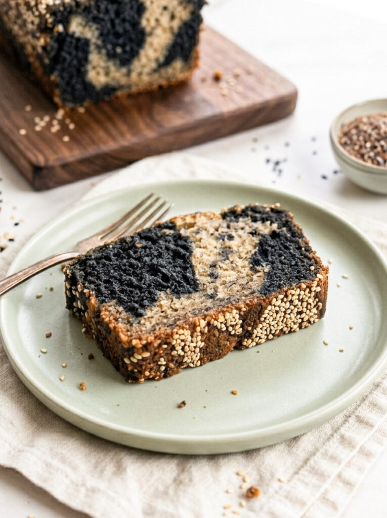 Black sesame banana bread loaf with white sesame seeds.