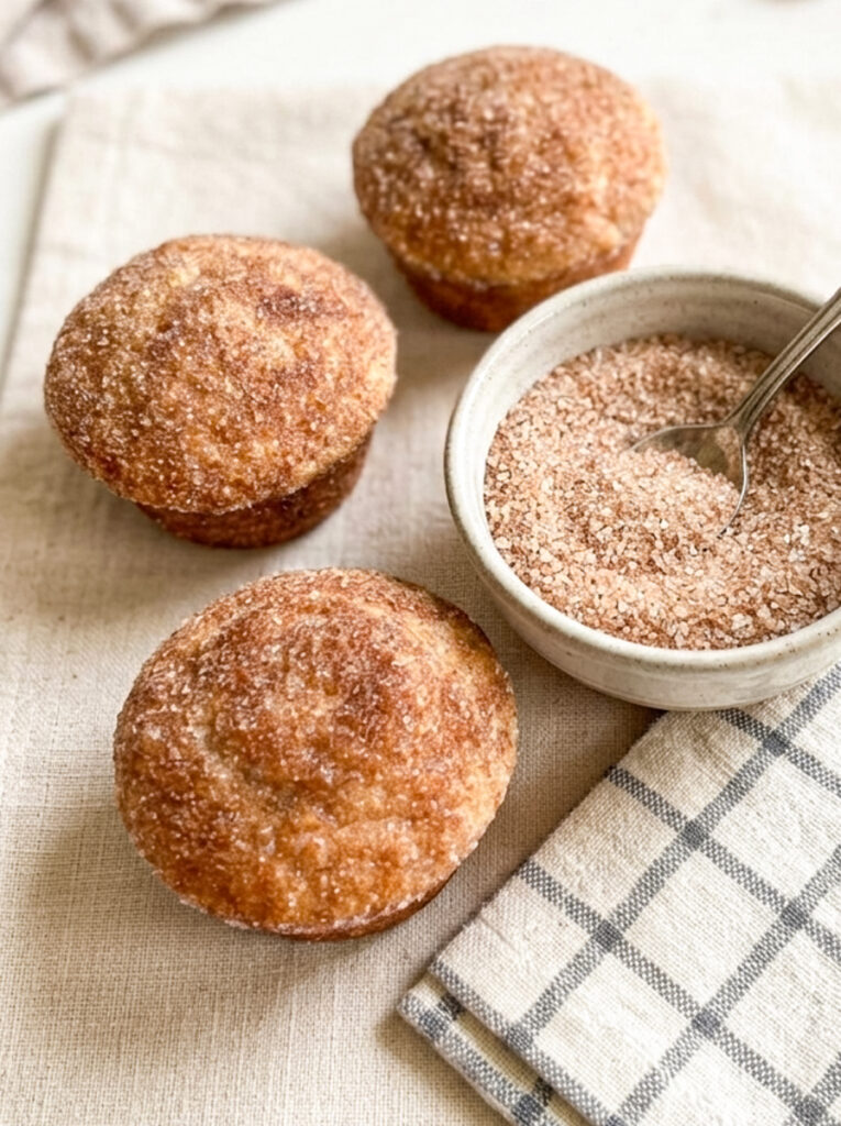 Cinnamon sugar donut muffins on a beige cloth next to a bowl of extra cinnamon sugar